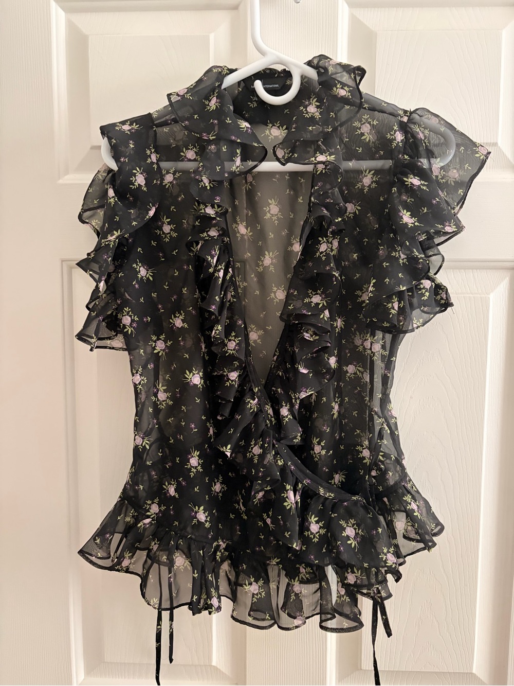 Moda International Black Sheer Floral Ruffle Wrap Blouse